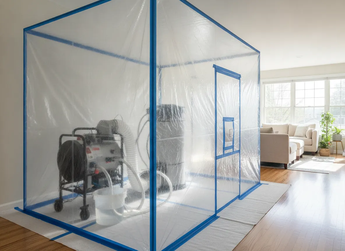 Dehumidifier and air scrubber running inside plastic containment during mold remediation