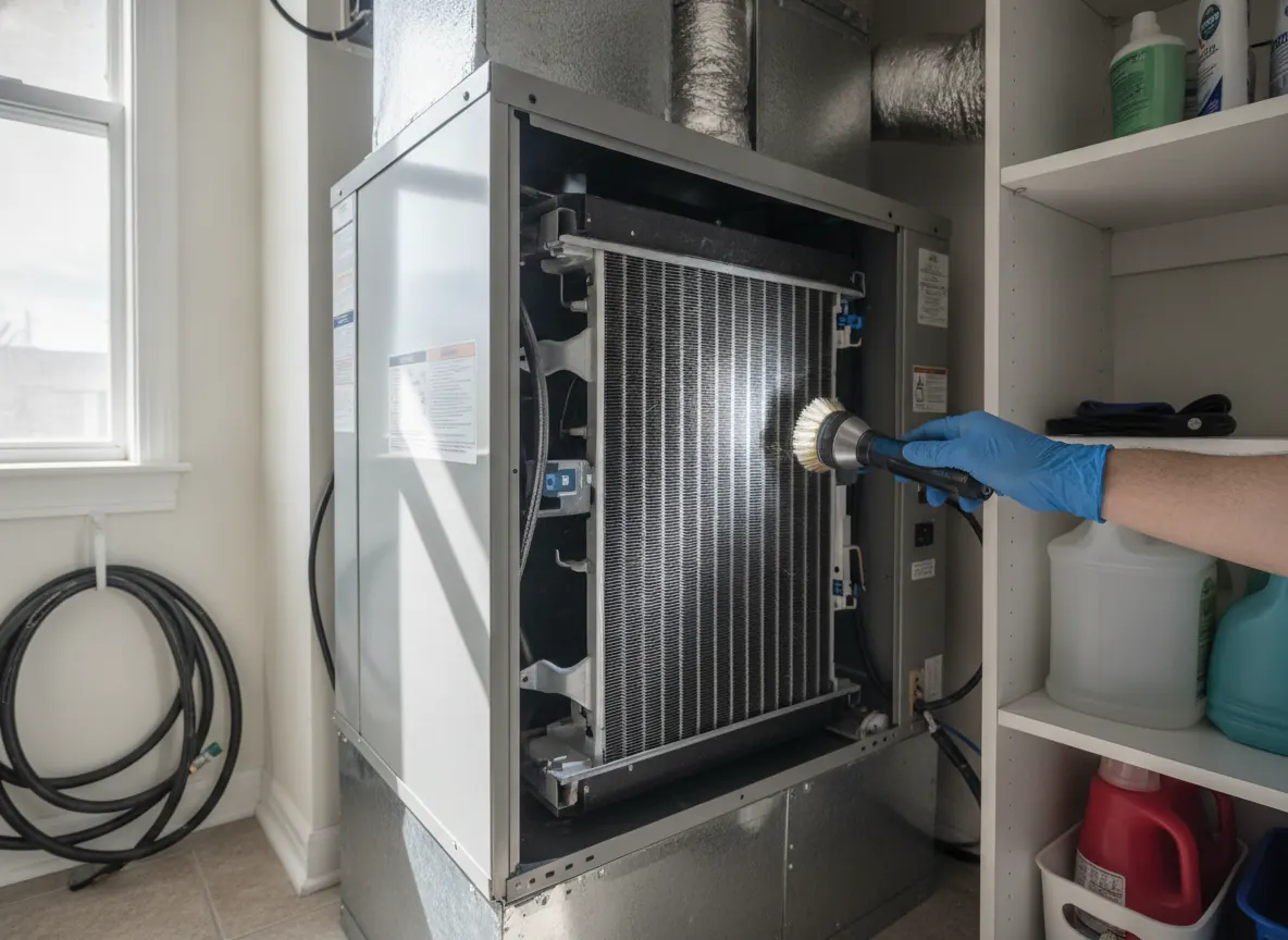Residential air handler with its service panel open